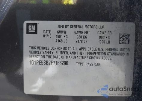 2015 Chevrolet Cruze 2Lt Auto из США, поврежденный, VIN 1G1PE5SB2F7166296